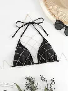 Solid Halter Triangle Bikini Top & Chain Detail Halter Crop Top - Black - View 1