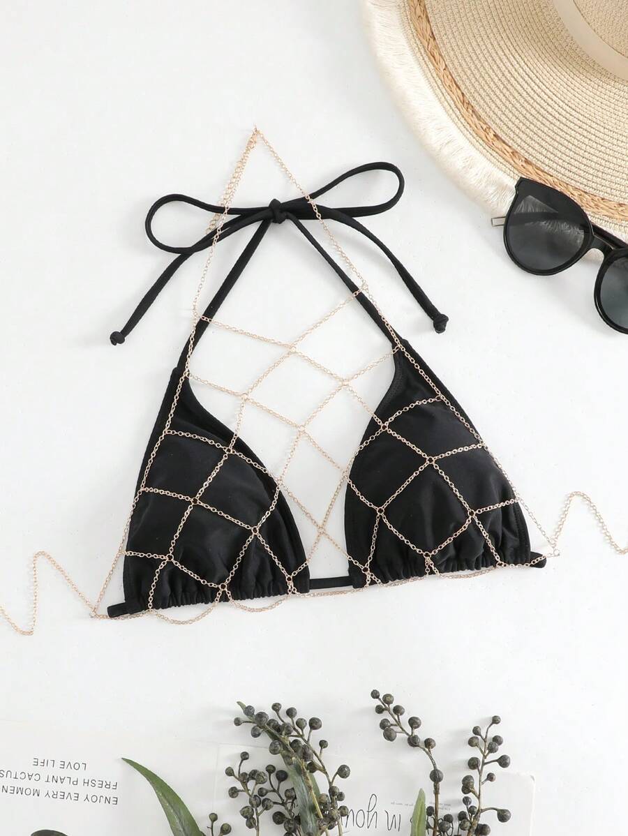 Solid Halter Triangle Bikini Top & Chain Detail Halter Crop Top - Black - View 1