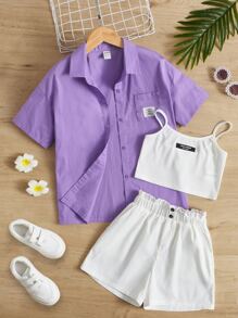 SHEIN 女孩素色吊帶背心和短褲和字母貼布襯衫 - 彩色 - 查看 1