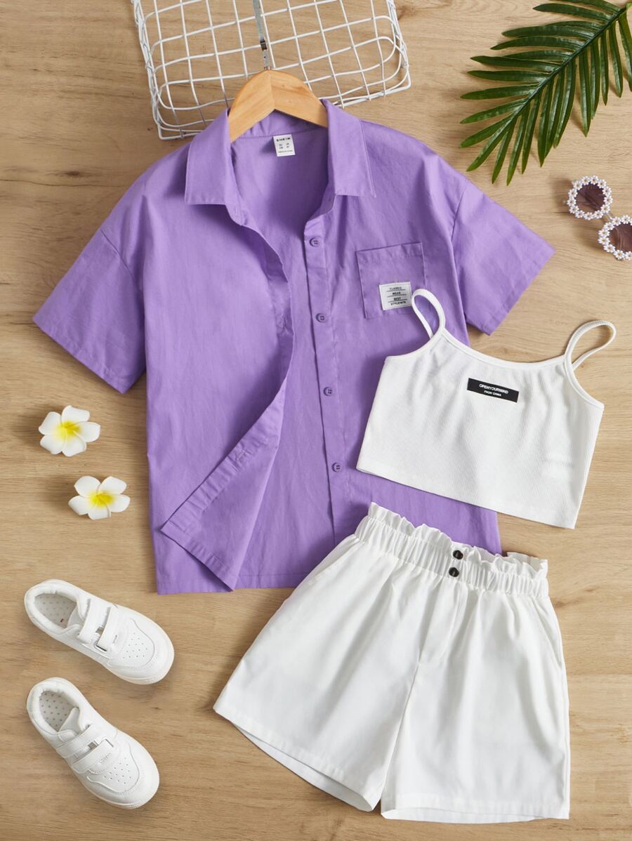 SHEIN 女孩素色吊帶背心和短褲和字母貼布襯衫 - 彩色 - 查看 1