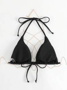 Solid Halter Triangle Bikini Top & Chain Detail Halter Crop Top - Black - View 2
