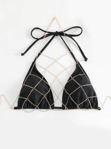 Solid Halter Triangle Bikini Top & Chain Detail Halter Crop Top - Black - View 3