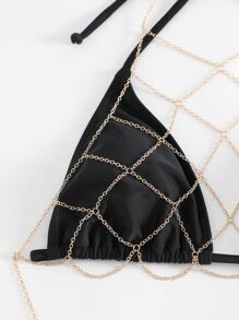 Solid Halter Triangle Bikini Top & Chain Detail Halter Crop Top - Black - View 4