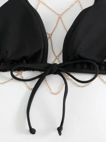 Solid Halter Triangle Bikini Top & Chain Detail Halter Crop Top - Black - View 5