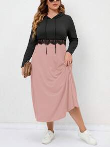 SHEIN Clasi Plus Two Tone Lace Trim Drawstring Sweatshirt Dress - Multicolor - View 1