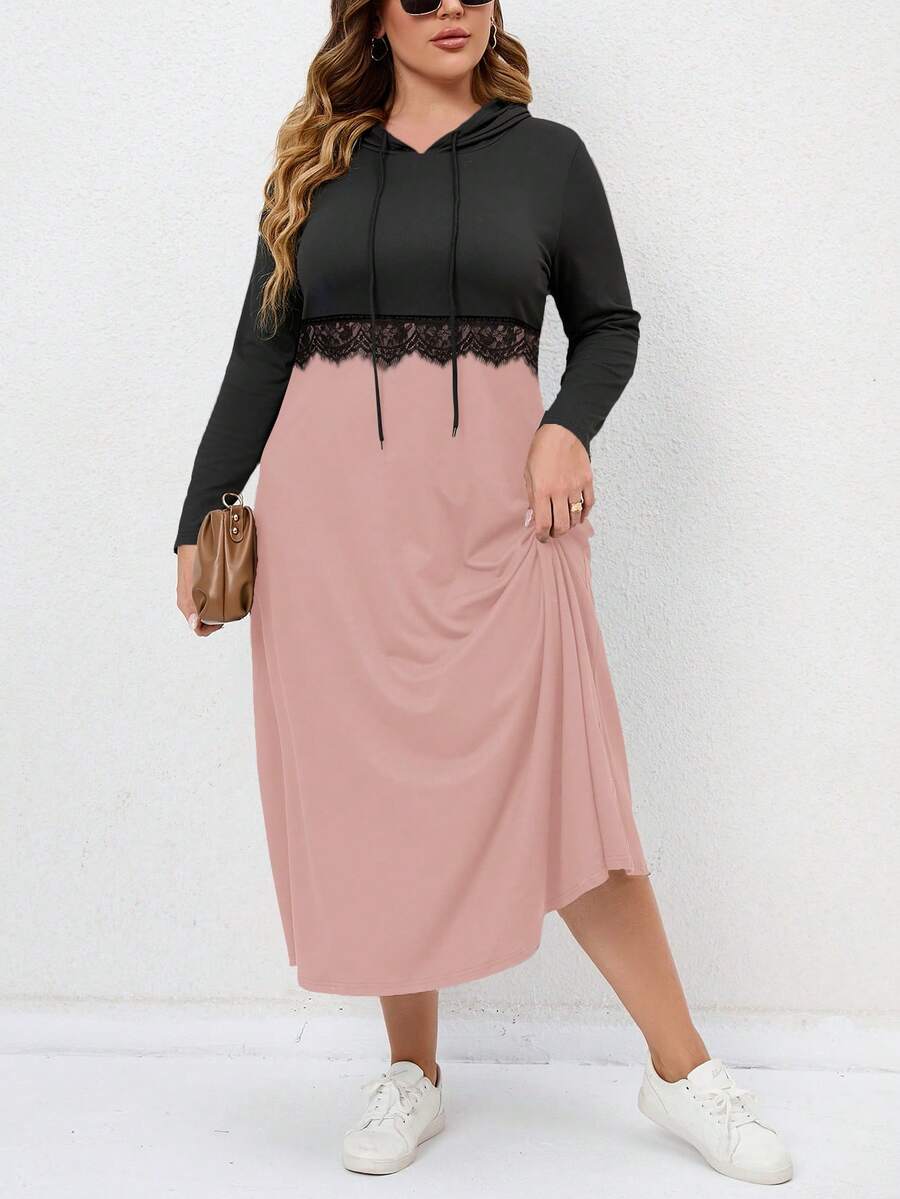 SHEIN Clasi Plus Two Tone Lace Trim Drawstring Sweatshirt Dress - Multicolor - View 1