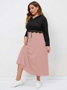 SHEIN Clasi Plus Two Tone Lace Trim Drawstring Sweatshirt Dress - Multicolor - View 3