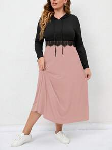 SHEIN Clasi Plus Two Tone Lace Trim Drawstring Sweatshirt Dress - Multicolor - View 4