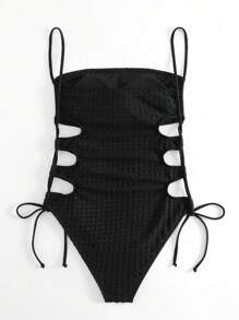 Swim Basics 鏤空側抽繩一片式吊帶泳衣 - 黑色 - 查看 3