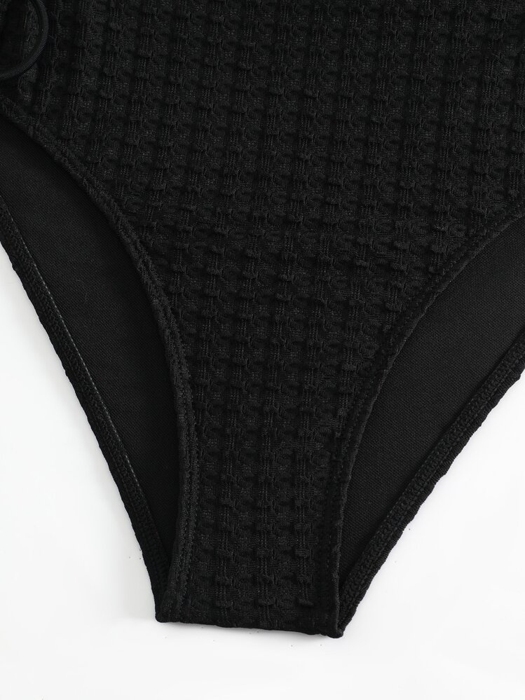 Swim Basics 鏤空側抽繩一片式吊帶泳衣 - 黑色 - 查看 6