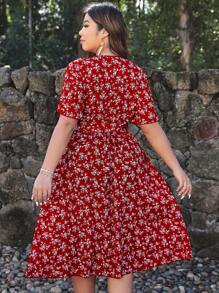 SHEIN Clasi Plus Ditsy Floral Print Belted Wrap Dress Maxi Women Outfit - Red and White - View 2