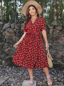 SHEIN Clasi Plus Ditsy Floral Print Belted Wrap Dress Maxi Women Outfit - Red and White - View 3