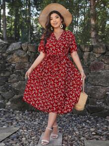 SHEIN Clasi Plus Ditsy Floral Print Belted Wrap Dress Maxi Women Outfit - Red and White - View 5