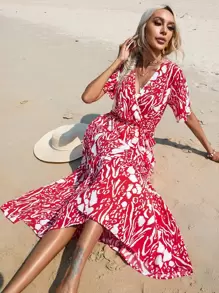 SHEIN LUNE Allover Print Surplice Neck Ruffle Hem Dress - Red - View 1