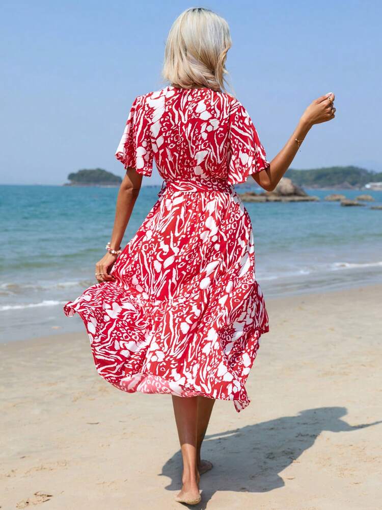 SHEIN LUNE Allover Print Surplice Neck Ruffle Hem Dress - Red - View 2