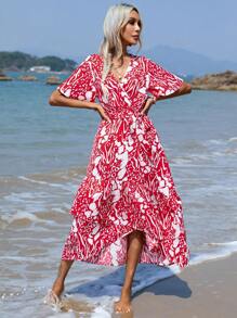 SHEIN LUNE Allover Print Surplice Neck Ruffle Hem Dress - Red - View 3