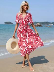 SHEIN LUNE Allover Print Surplice Neck Ruffle Hem Dress - Red - View 4