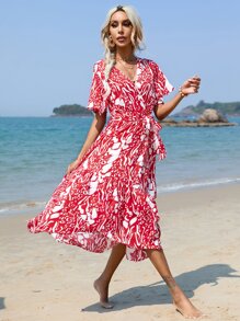 SHEIN LUNE Allover Print Surplice Neck Ruffle Hem Dress - Red - View 5
