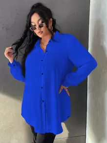 Calvaya 大碼燈籠袖不附腰帶襯衫 - 寶藍色 - 查看 1