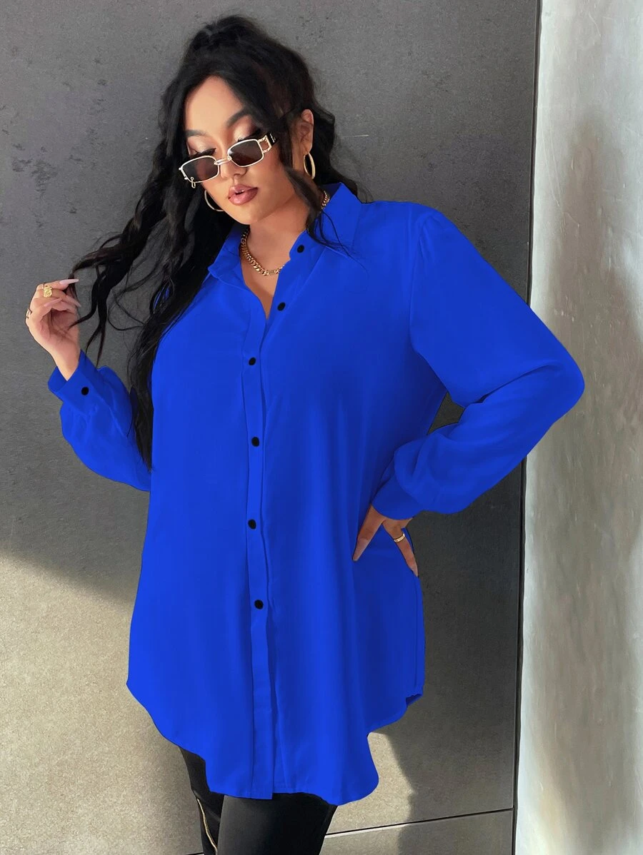 Calvaya 大碼燈籠袖不附腰帶襯衫 - 寶藍色 - 查看 1