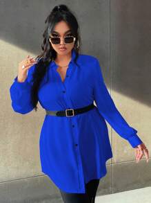 Calvaya 大碼燈籠袖不附腰帶襯衫 - 寶藍色 - 查看 3