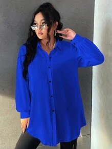 Calvaya 大碼燈籠袖不附腰帶襯衫 - 寶藍色 - 查看 4