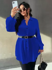 Calvaya 大碼燈籠袖不附腰帶襯衫 - 寶藍色 - 查看 5