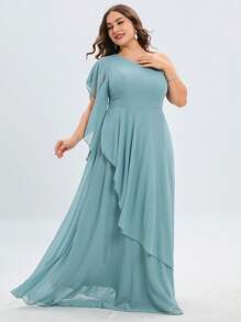 Vestido de dama de honor de un hombro ribete con fruncido maxi - Neblina azul - Ver 3