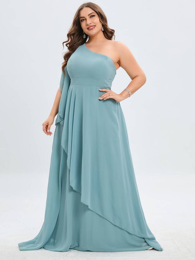 Plus One Shoulder Ruffle Trim Maxi Bridesmaid Dress - Dusty Blue - View 4