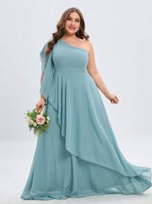 Vestido de dama de honor de un hombro ribete con fruncido maxi - Neblina azul - Ver 5