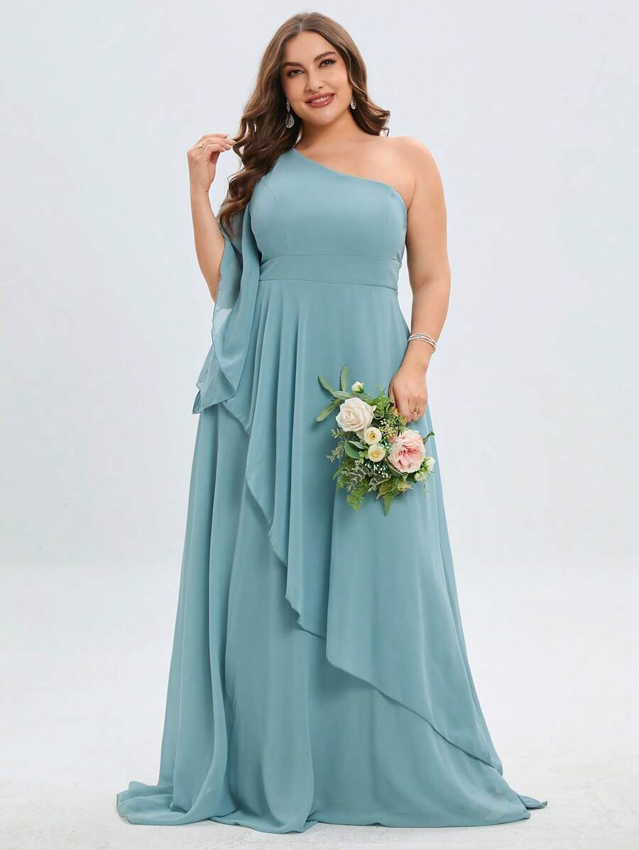 Vestido de dama de honor de un hombro ribete con fruncido maxi - Neblina azul - Ver 1