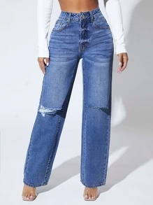 SHEIN PETITE High Waist Ripped Straight Leg Jeans - Medium Wash - View 1
