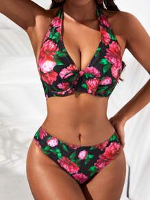 Swim DD+ 花卉印花扭結前扣頸夏日沙灘比基尼套裝 - 彩色 - 查看 3
