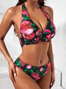 Swim DD+ 花卉印花扭結前扣頸夏日沙灘比基尼套裝 - 彩色 - 查看 4