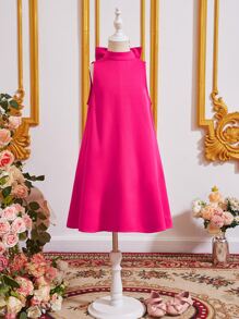 SHEIN Đầm bé gái Nơ sau màu trơn Dễ thương - Màu Hồng Tươi - Xem 4