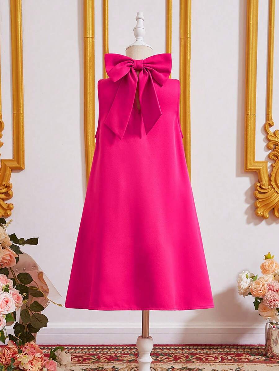 SHEIN Đầm bé gái Nơ sau màu trơn Dễ thương - Màu Hồng Tươi - Xem 1