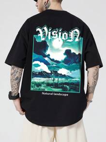 ROMWE MEN 男士字母圖案T恤 - 黑色 - 查看 1