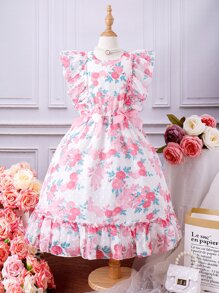 Chicas Vestido con estampado floral ribete con fruncido con lazo delantero - Blanco - Ver 1