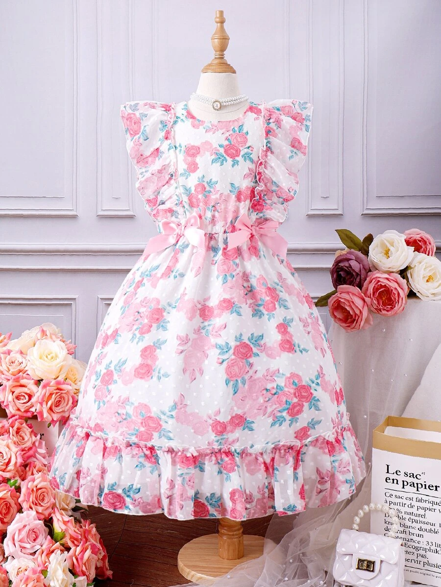 Chicas Vestido con estampado floral ribete con fruncido con lazo delantero - Blanco - Ver 1