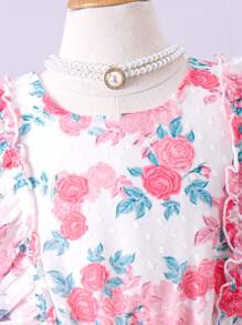 Chicas Vestido con estampado floral ribete con fruncido con lazo delantero - Blanco - Ver 3
