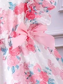 Chicas Vestido con estampado floral ribete con fruncido con lazo delantero - Blanco - Ver 4