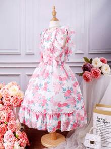 Chicas Vestido con estampado floral ribete con fruncido con lazo delantero - Blanco - Ver 6