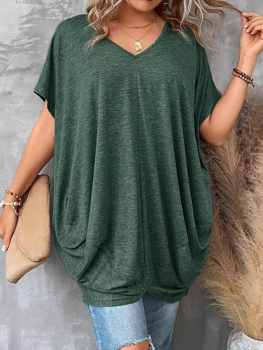 SHEIN LUNE Plus Size Batwing Sleeve Draped Detail Tee - Dark Green - View 1