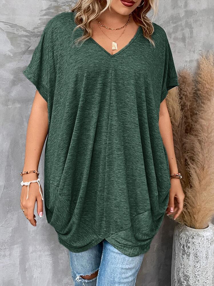 SHEIN LUNE Plus Size Batwing Sleeve Draped Detail Tee - Dark Green - View 4