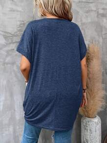 SHEIN CURVE+ 大碼純色蝙蝠袖寬鬆v領t卹 - 藍色 - 查看 2