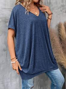 SHEIN CURVE+ 大碼純色蝙蝠袖寬鬆v領t卹 - 藍色 - 查看 4