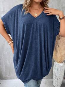 SHEIN CURVE+ 大碼純色蝙蝠袖寬鬆v領t卹 - 藍色 - 查看 5