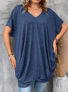 SHEIN CURVE+ 大碼純色蝙蝠袖寬鬆v領t卹 - 藍色 - 查看 6