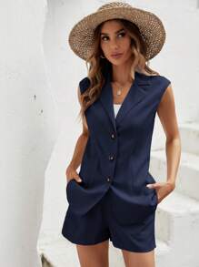 SHEIN LUNE Bộ âu phục nữ Nút phía trước Thắt lưng Túi màu trơn Thanh lịch - Màu xanh hải quân - Xem 5