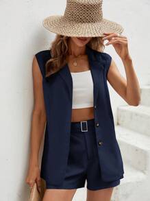 SHEIN LUNE Bộ âu phục nữ Nút phía trước Thắt lưng Túi màu trơn Thanh lịch - Màu xanh hải quân - Xem 7